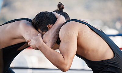 Buy stock photo Sports, gym and training with men and wrestling match for fight, championship and action. Fitness, workout and exercise with people and huddle in outdoor for games, health and grappling competition