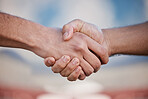 Handshake, collaboration and partnership for trust, support and cooperation for success. Teamwork, shaking hands and people in agreement for sport deal, thank you for solidarity or welcome in closeup
