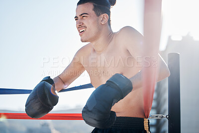 Buy stock photo Break, boxing training or tired man fighting in sports exercise, workout or practice match in ring or city. Fatigue, boxer or combat fighter resting in fitness workout battle in ring for self defense