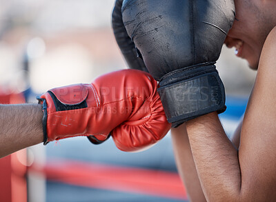 Buy stock photo Punch, boxing gloves or men fighting in sports training, exercise or fist punching with power. Block, boxers hands or combat fighters boxing in practice or fitness workout in ring for self defense 