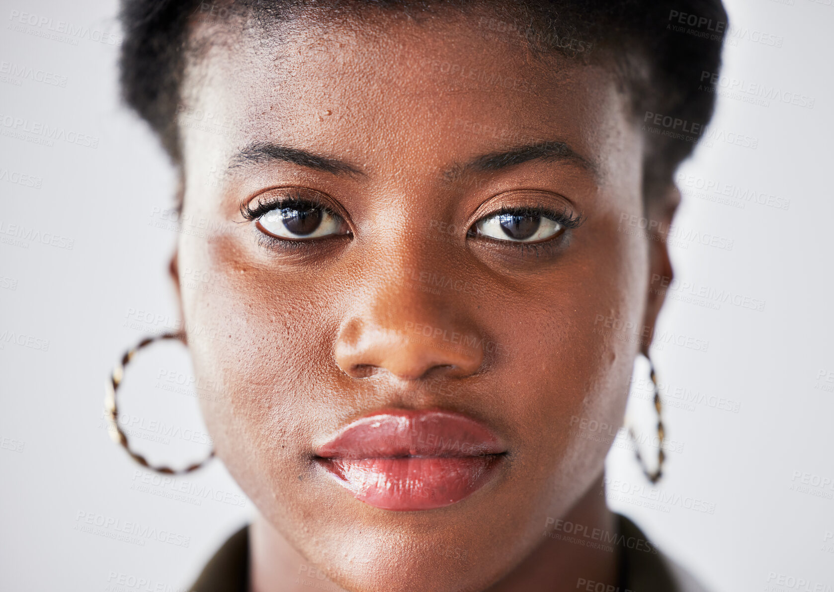 Buy stock photo Serious, beauty and face of black woman with confidence on a white background in studio closeup. Student, portrait and African person or calm, female model with cosmetics and style in South Africa