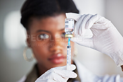 Buy stock photo Vaccine vial, needle and doctor for safety, healthcare and pharmaceutical medicine. Closeup, hands of woman and prepare vaccination, virus injection and bottle for immunity, medical drugs or smallpox