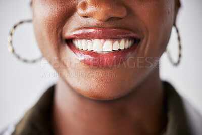 Buy stock photo Smile, happy and mouth closeup of black woman with teeth whitening, dental care and wellness. Healthcare, dentistry and face zoom of female person with cleaning for hygiene, grooming and treatment