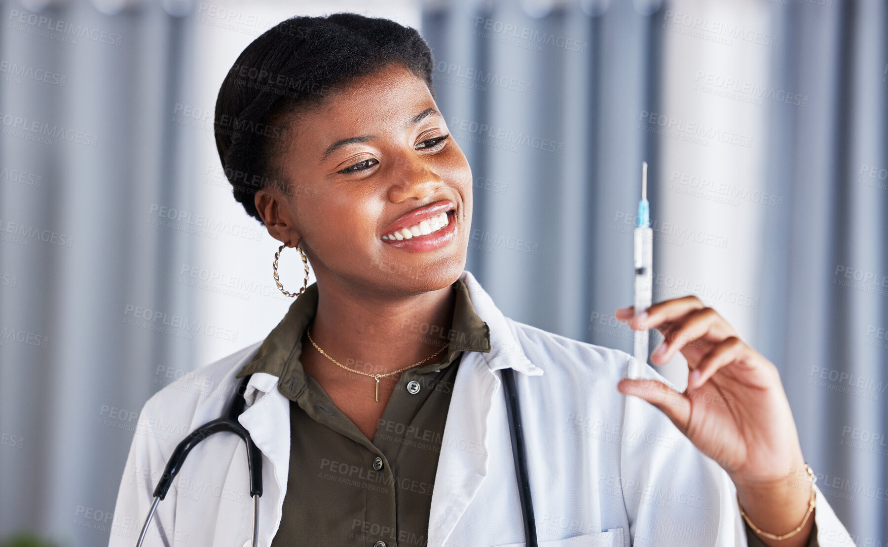 Buy stock photo Healthcare, black woman and doctor with vaccine, injection and virus immunity in hospital. Happy female medical worker with needle for medicine, vaccination and safety of disease in clinic services