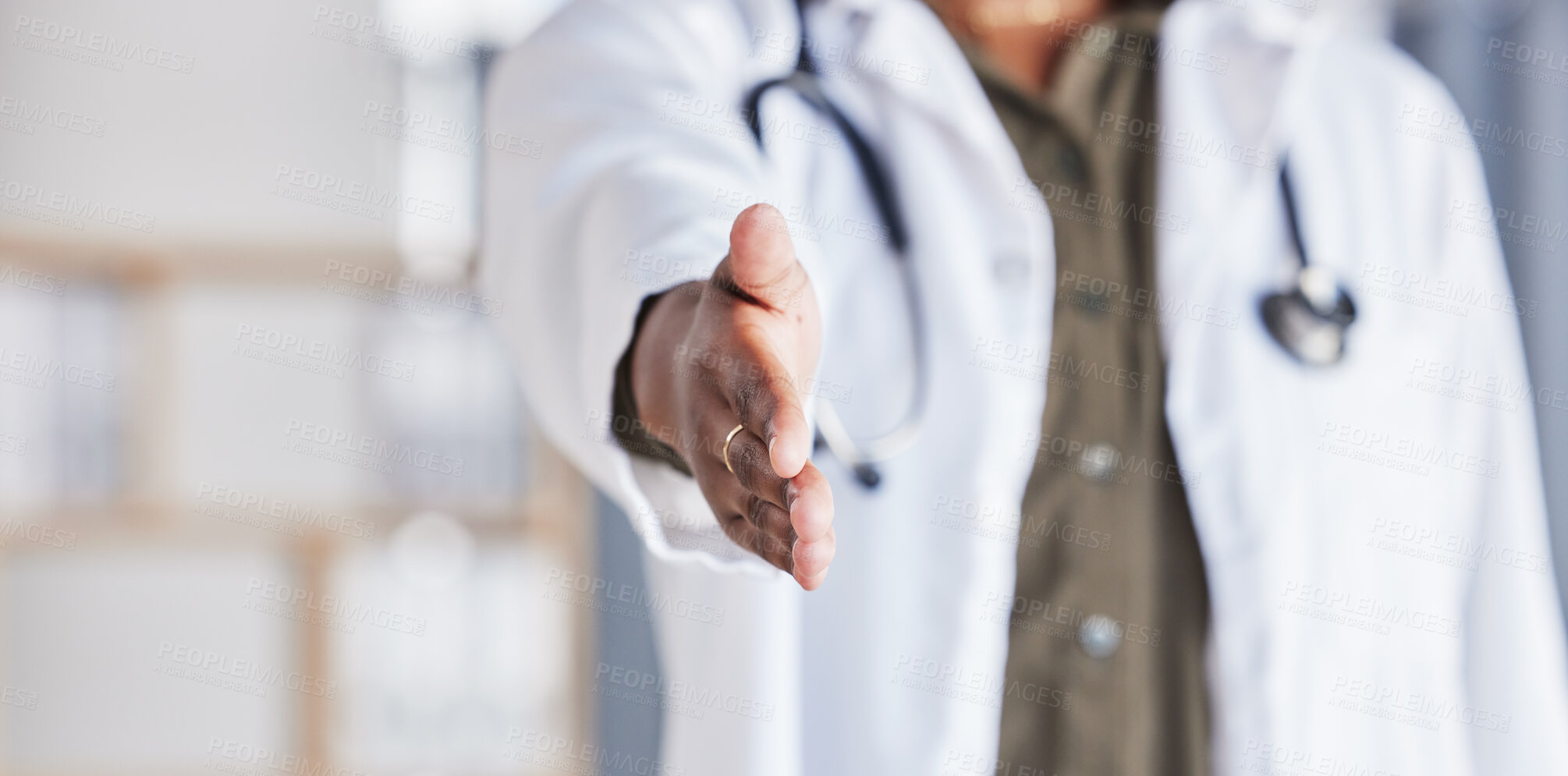 Buy stock photo Hand, doctor and closeup greeting for healthcare, medical support or meeting at a hospital. Medicine, hello and a nurse or surgeon with a handshake, welcome or help during a consultation at a clinic