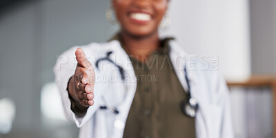 Buy stock photo Open handshake, doctor and woman with welcome, smile or respect for hiring, recruitment or healthcare job. Medic, palm or happy for shaking hands, onboarding or agreement in human resources at clinic