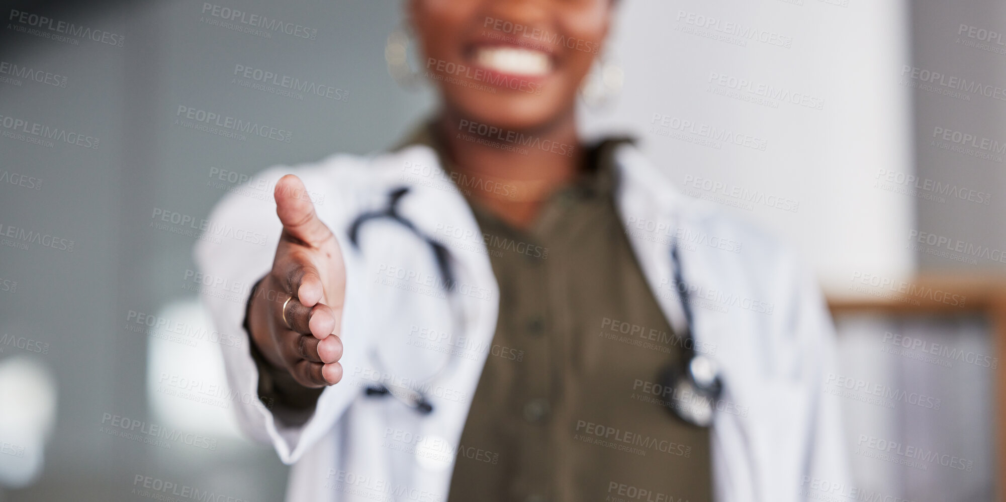 Buy stock photo Open handshake, doctor and woman with welcome, smile or respect for hiring, recruitment or healthcare job. Medic, palm or happy for shaking hands, onboarding or agreement in human resources at clinic