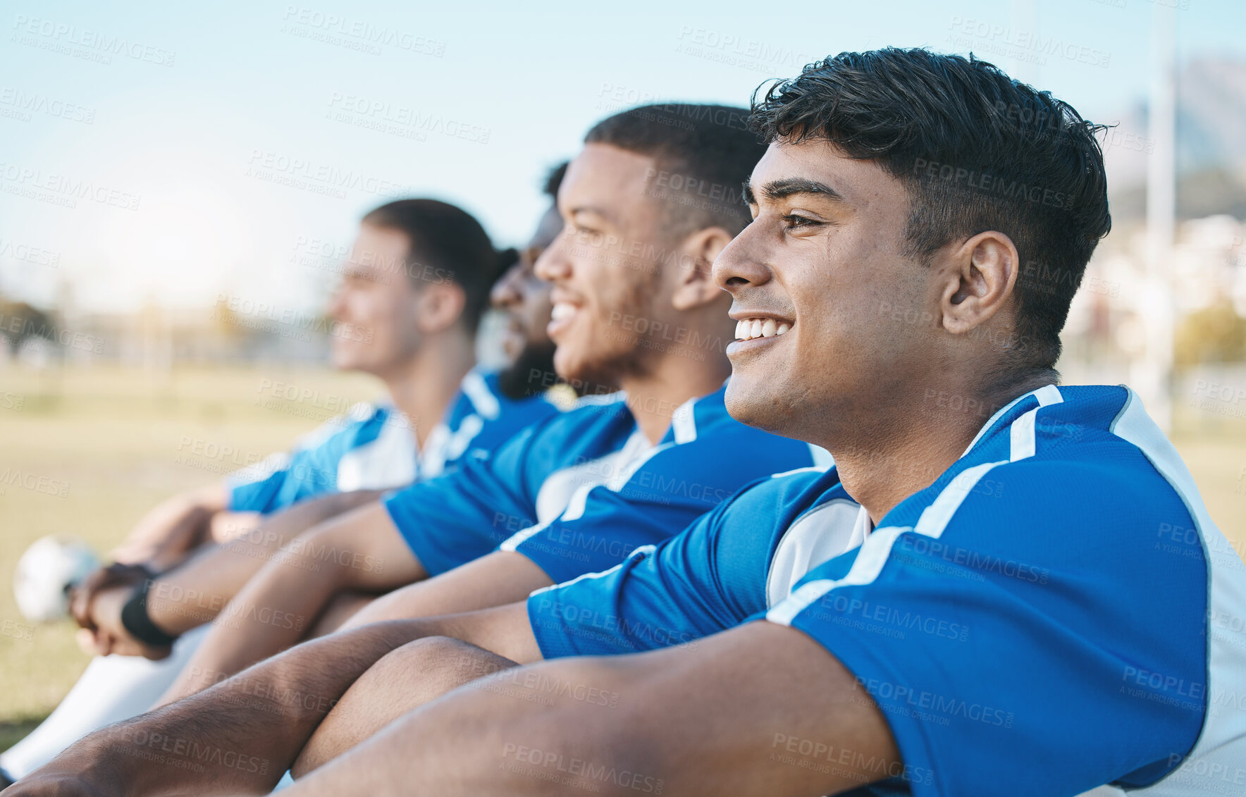 Buy stock photo Sports, teamwork and soccer with men on field for training, challenge and championship game. Workout, health and goal with group of people in football stadium for solidarity, support and athlete