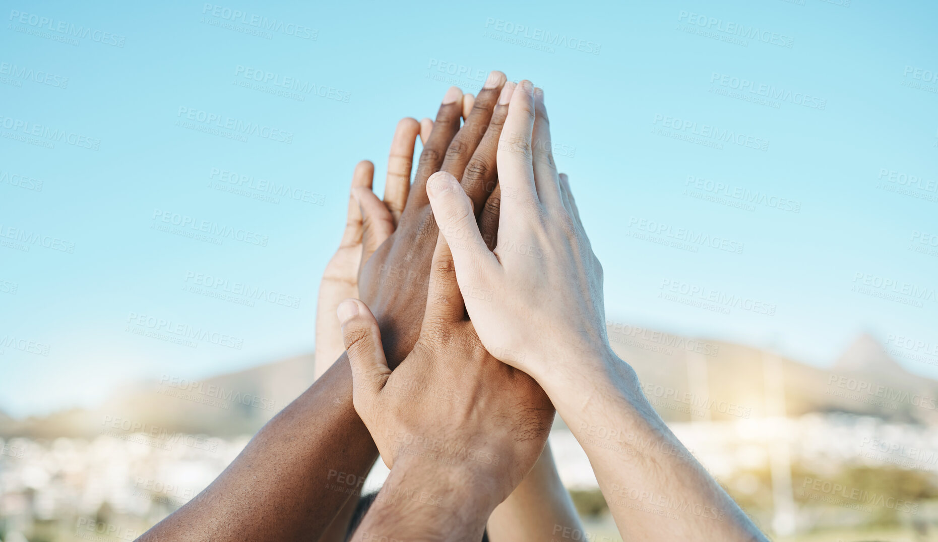 Buy stock photo Success, high five or hands of team on field ready for training, practice or sports game outdoors. Fitness, inspiration or people with motivation on soccer field together in support or solidarity
