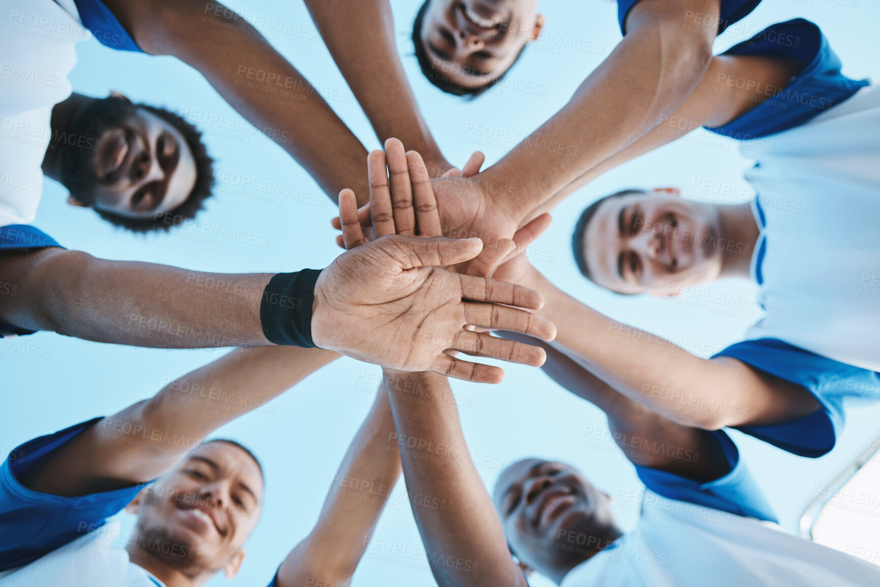 Buy stock photo Portrait, stack or team with sports, hands or fitness with support, collaboration or motivation. Male people, players or group with prep talk, huddle or soccer with wellness, commitment or solidarity