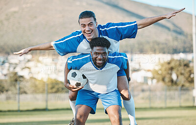 Buy stock photo Soccer player, support or team in celebration for goal, victory or success on a field in sports game together. Black man, piggyback or excited football players winning a fitness match achievement