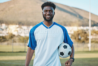 Buy stock photo Soccer ball, football player or portrait of black man with smile in sports training, game or match on pitch. Happy, fitness or proud African athlete in practice, exercise or workout on grass field 