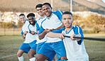 Soccer player, men and tug of war on field with teamwork, strong and muscle, fitness and competition outdoor. Male athlete group, football training and diversity, trust and team building in sports