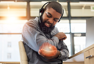 Buy stock photo Black man, elbow pain and working in call center, injury and sick with overlay, customer service and health problem. Male agent, CRM and headset with mic, fibromyalgia and muscle tension with glow