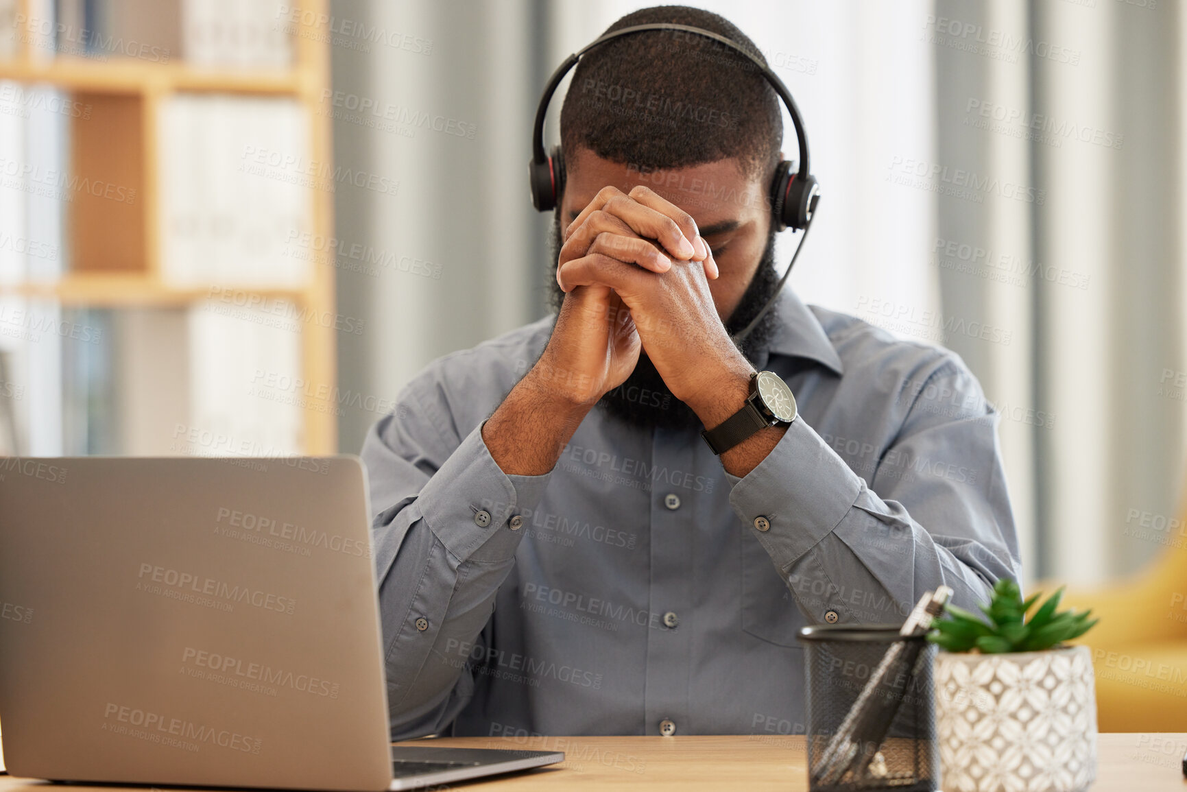 Buy stock photo Call center, stress and business man praying, stress and fatigue for communication mistake or sales fail on laptop. Agent, consultant or person with depression, tired and faith or hope for e commerce