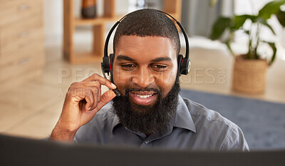 Buy stock photo Call center, computer and man or agent for communication, happy sales and customer support in e commerce. Agency headphones, telecom and african person for virtual chat, helping or contact on desktop