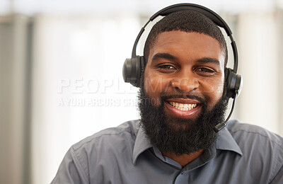 Buy stock photo Man, portrait and call center agent or consultant for communication, technical support and consulting online. Happy face of African person for virtual consultation, IT helping or contact us at agency