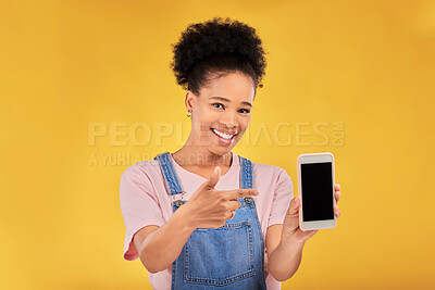 Buy stock photo Phone screen, portrait and woman presentation, mockup information or e learning faq and social media. Mobile app, ux design space and university student or african person on yellow, studio background