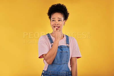 Buy stock photo Question, thinking and woman with anxiety, nervous and decision against a yellow studio background. Female person, why and model confused, anxious and biting nails with depression, stress and fear