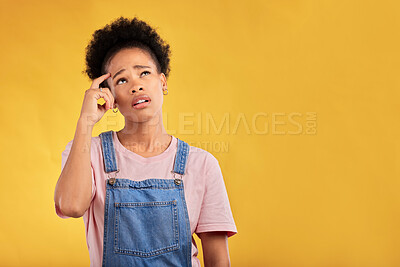 Buy stock photo Mockup, thinking and woman confused, opportunity and solution against a yellow studio background. Female person, ideas and model with questions, decision and problem solving with doubt and choice
