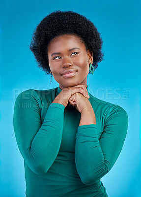 Buy stock photo Opportunity, thinking and black woman with solution, choice or decision on a blue studio background. Female person, creative or model with inspiration, planning or emoji with ideas or problem solving