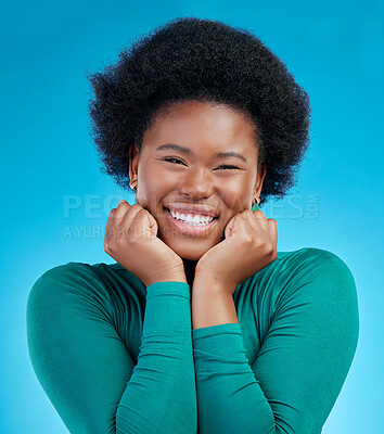 Buy stock photo Portrait, smile and excited with black girl or hands in studio background with positive mindset. Happy, face and african female with confidence or proud expression  for beauty with motivation or joy.