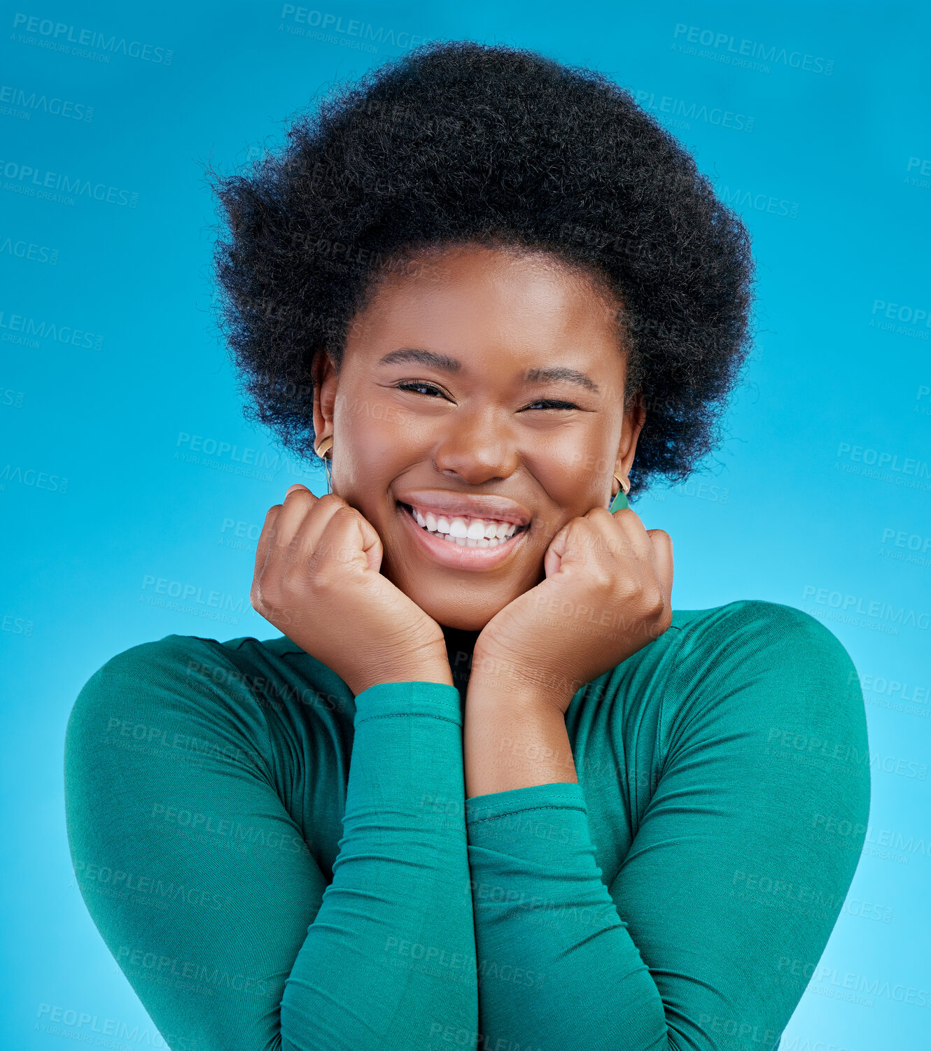 Buy stock photo Portrait, smile and excited with black girl or hands in studio background with positive mindset. Happy, face and african female with confidence or proud expression  for beauty with motivation or joy.