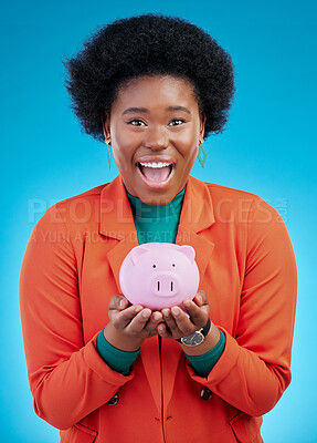 Buy stock photo Woman, piggy bank and wow portrait for savings, financial investment and profit or budget success. Excited african person with banking goals, finance safe and container on a blue, studio background