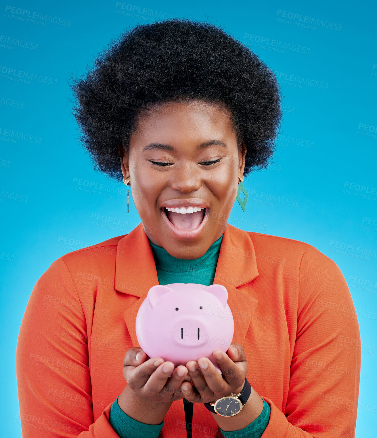 Buy stock photo Woman, piggy bank and wow for savings, financial investment and profit, increase or budget success. Excited african person with banking goals, finance safe and container on a blue, studio background