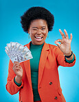 Money, okay sign and woman or winner success, profit and sales deal with yes and wink emoji on blue background. Portrait of rich african person with financial, cash and bonus achievement in studio