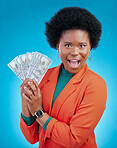 Money, wow and business woman in portrait for winning, cash and lottery fan on blue background. Surprise face, bonus and rich african person or winner for profit, cashback or financial loan in studio