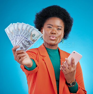 Buy stock photo Money, phone and woman in portrait winning, finance or online savings, profit or cash prize. Success, lottery and winner or african person on mobile, cashback fan or banking on blue studio background