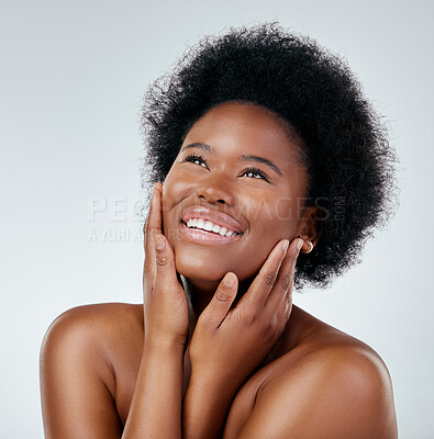 Buy stock photo Smile, natural hair and skincare with black woman or cosmetic on white background for wellness in studio. Face, hand and dermatology with african girl for treatment with glow for self love in mock up