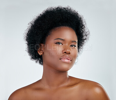 Buy stock photo Portrait, natural hair and black woman with glow in skincare or cosmetic on white background in studio. Beauty, face and dermatology for african girl with shine for treatment or self love in mock up.