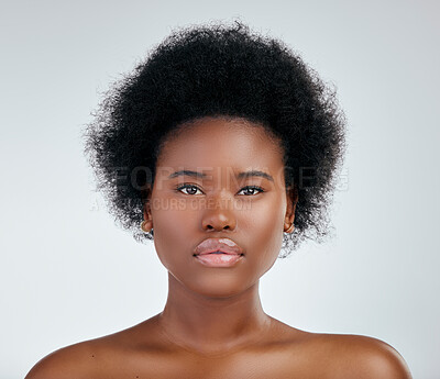 Buy stock photo Face, skincare and beauty of black woman in studio isolated on a white background. Portrait, serious and natural African model with cosmetics, spa facial treatment and aesthetic, wellness or health