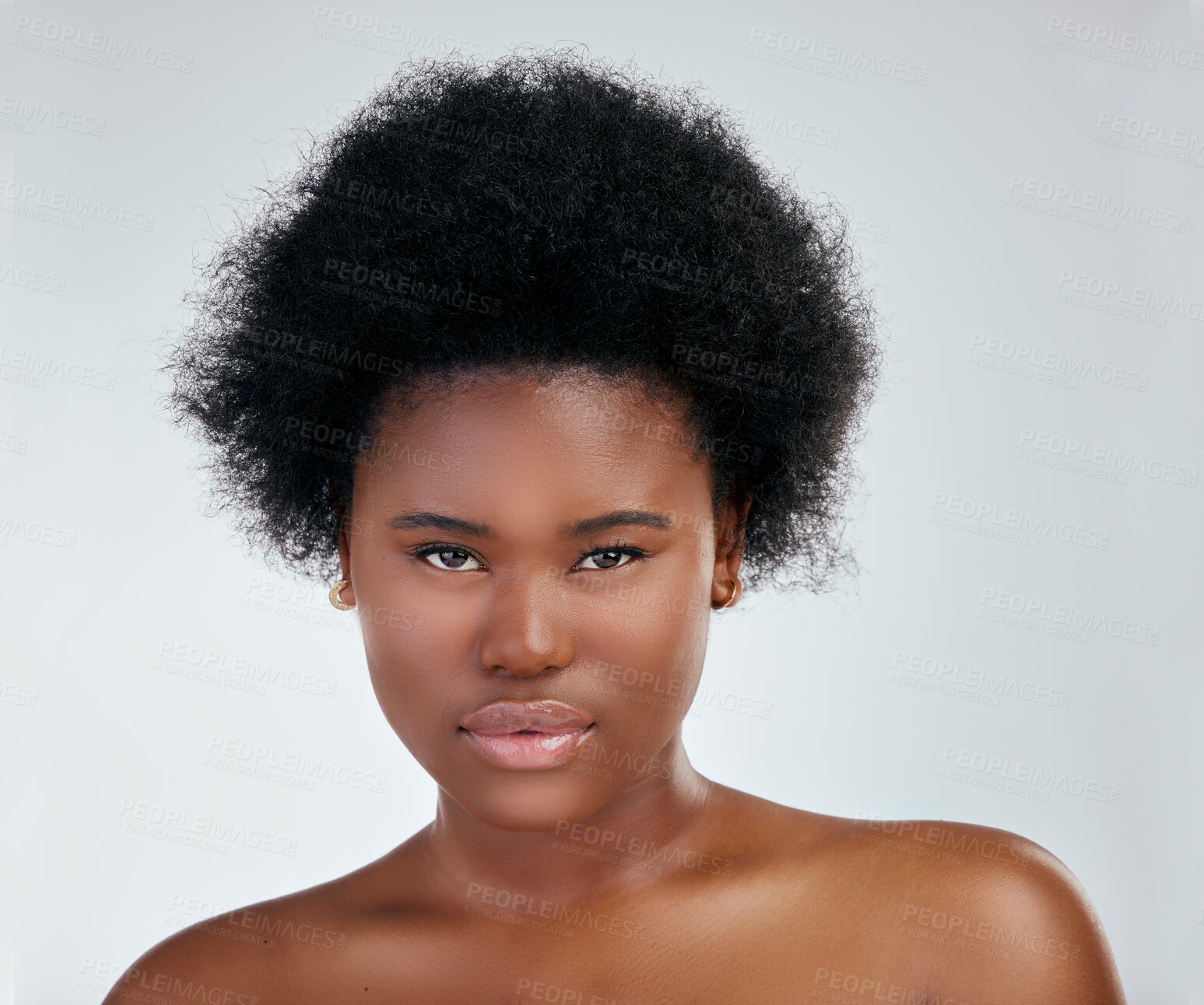 Buy stock photo Face, skincare and serious black woman in studio isolated on a white background. Portrait, beauty and natural African model with cosmetics, spa facial treatment and aesthetic, wellness or skin health