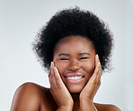 Skincare, portrait and African woman in studio with a natural, wellness or cosmetic face routine. Health, young and headshot of a female model with facial dermatology treatment by a gray background.