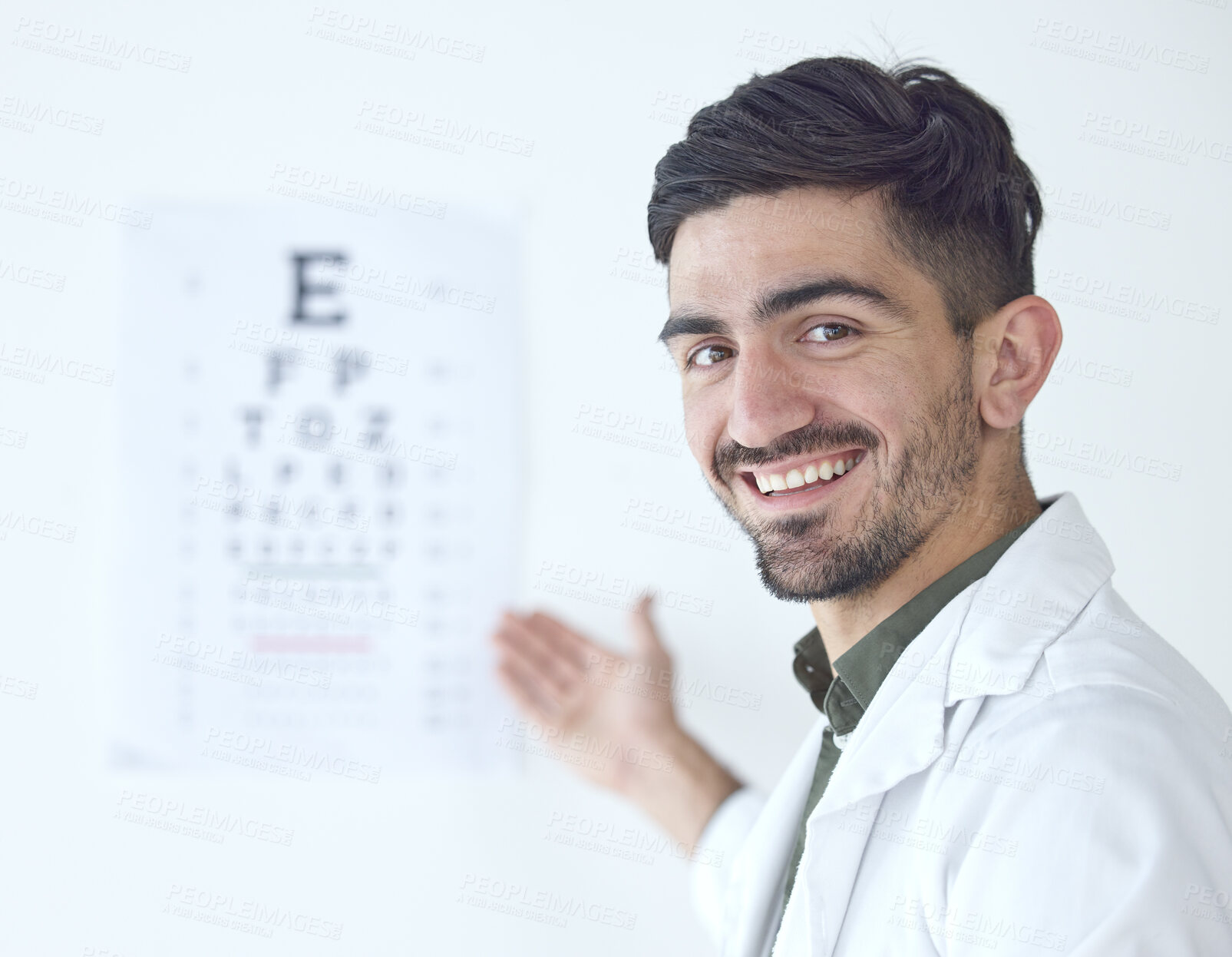 Buy stock photo Portrait of man, doctor and eye exam with smile in clinic or vision and eyesight in medical office. Professional healthcare, wellness and happy expert optician, reading test for eyes health and sight