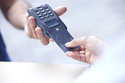 Buy stock photo Card machine, delivery and people hands with online payment, digital finance service and paperless fintech. Retail courier, credit and b2c transaction, customer or person with package for e commerce