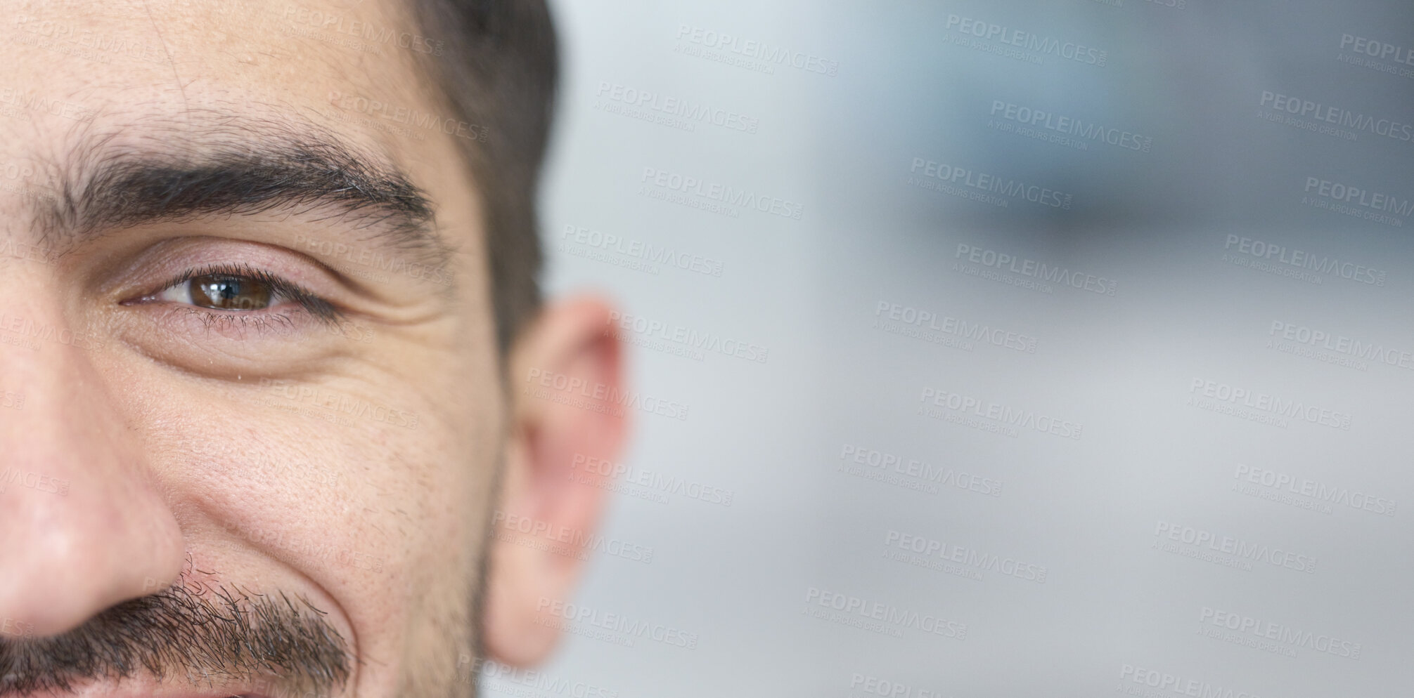 Buy stock photo Face, eyes and mockup with a man closeup for future vision or eyesight while looking happy or positive. Portrait, half and space with a young male person on a mock up banner for optometry or eye care