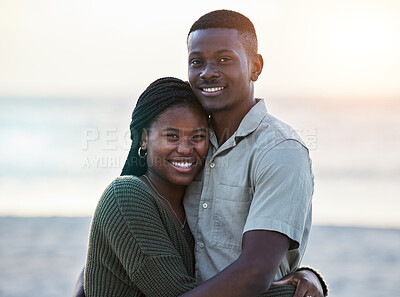 Buy stock photo Happy, black couple and portrait outdoor at the beach with love, care and commitment. Smile on face of young african man and woman together on vacation, holiday or sunset travel trip in Jamaica