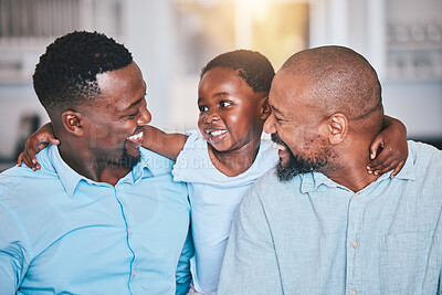 Buy stock photo Black family, grandfather and father with girl in home, bonding and relax together. African grandpa, dad and happy child with care, love and smile, enjoying quality time and hug to embrace in house