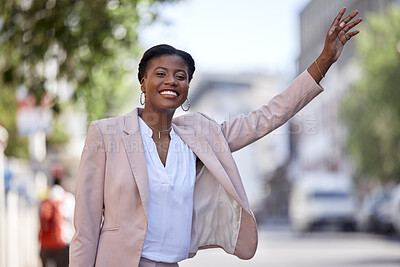 Buy stock photo Happy black woman, taxi and travel in city waving or waiting for transportation on street sidewalk. African female person calling vehicle or signal with hand for ride service in road of an urban town