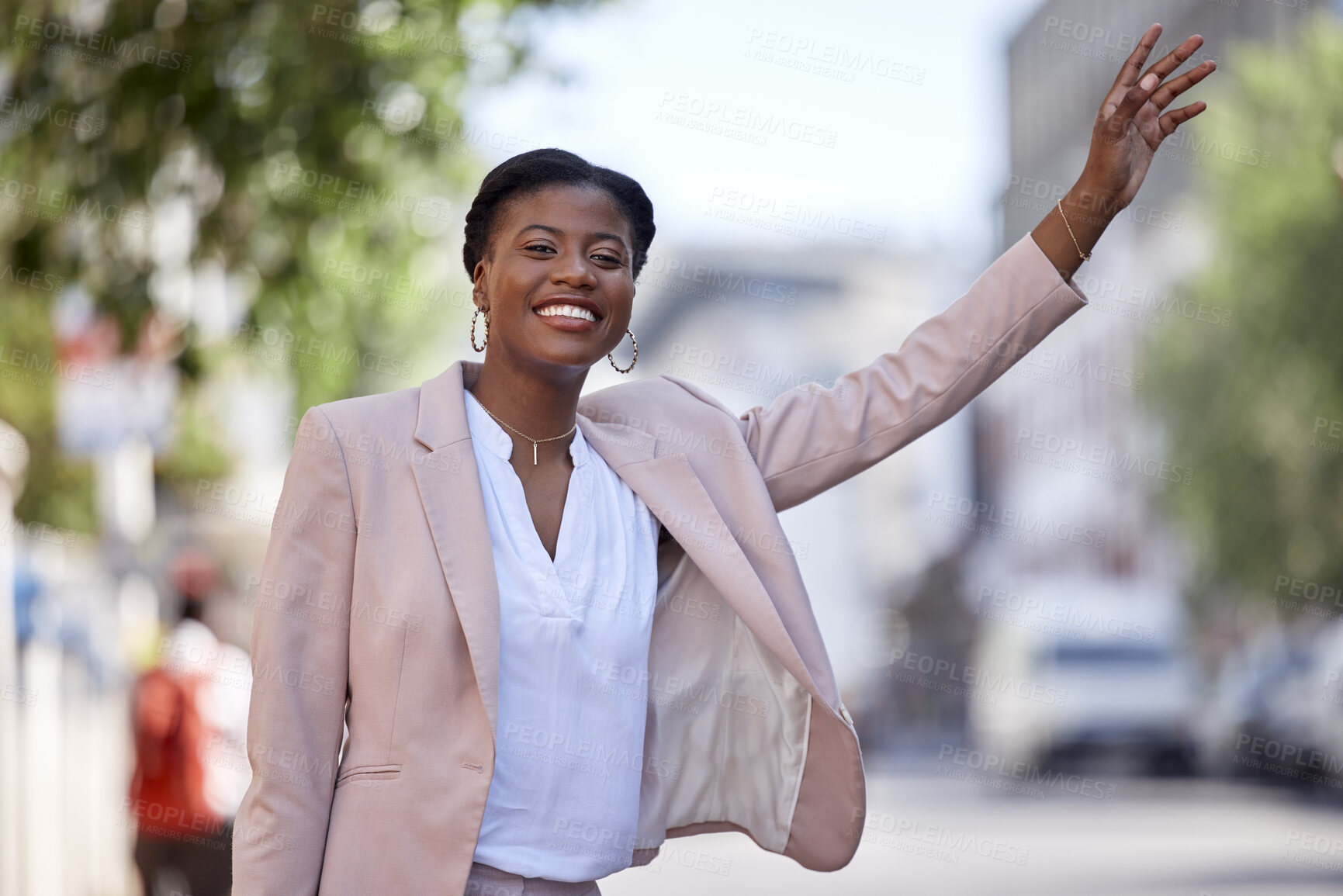 Buy stock photo Happy black woman, taxi and travel in city waving or waiting for transportation on street sidewalk. African female person calling vehicle or signal with hand for ride service in road of an urban town