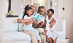 Learning, reading book and black family with surprise on sofa in home living room. African grandpa, grandma and storytelling with kids, wow and shocked on couch for education, study and bonding