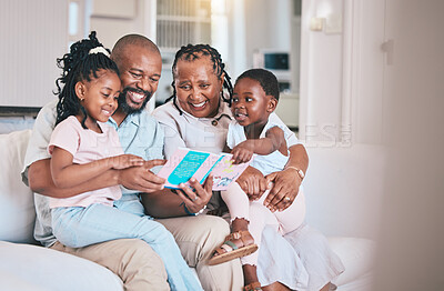 Buy stock photo Learning, reading book and black children with grandparents on sofa in home living room. African family, storytelling and happy kids with grandma and grandpa on couch for education, study and bonding