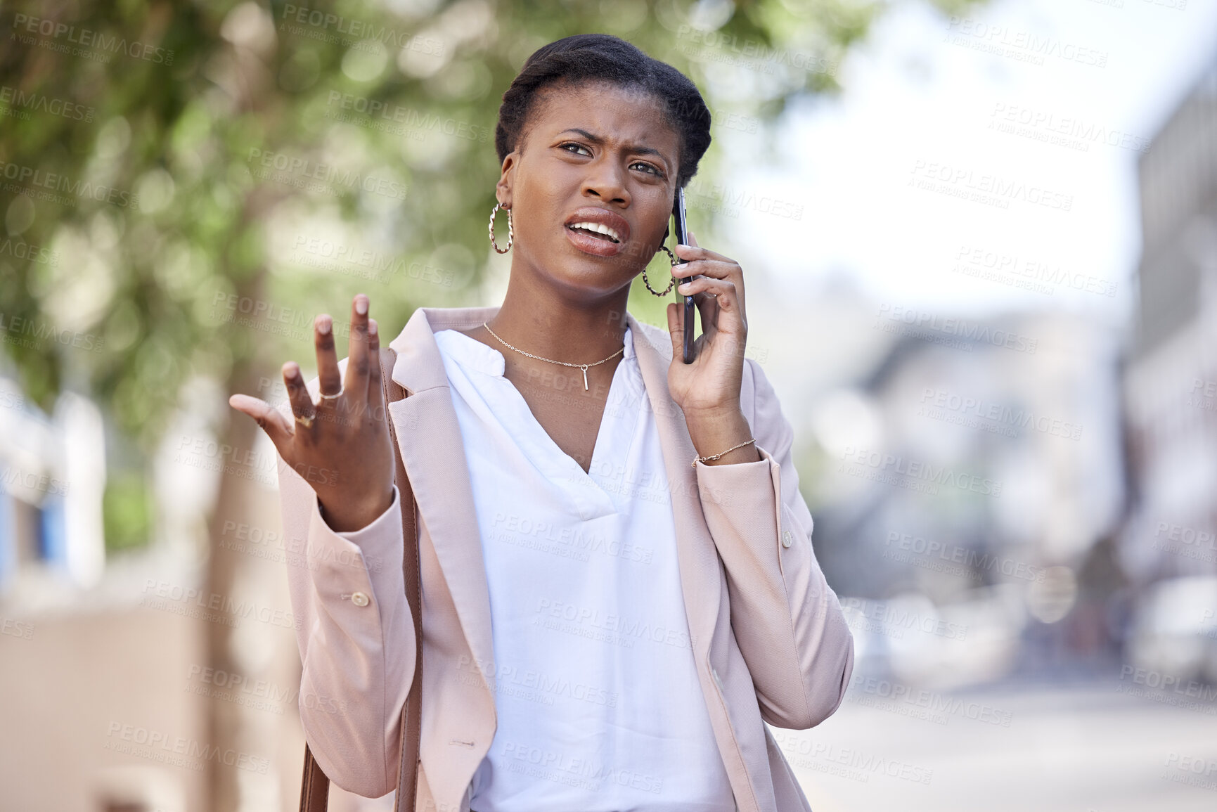 Buy stock photo Phone call, frustrated and confused black woman employee angry at contact or bad news on mobile conversation. Street, city and young worker with stress talking about a fail project or mistake