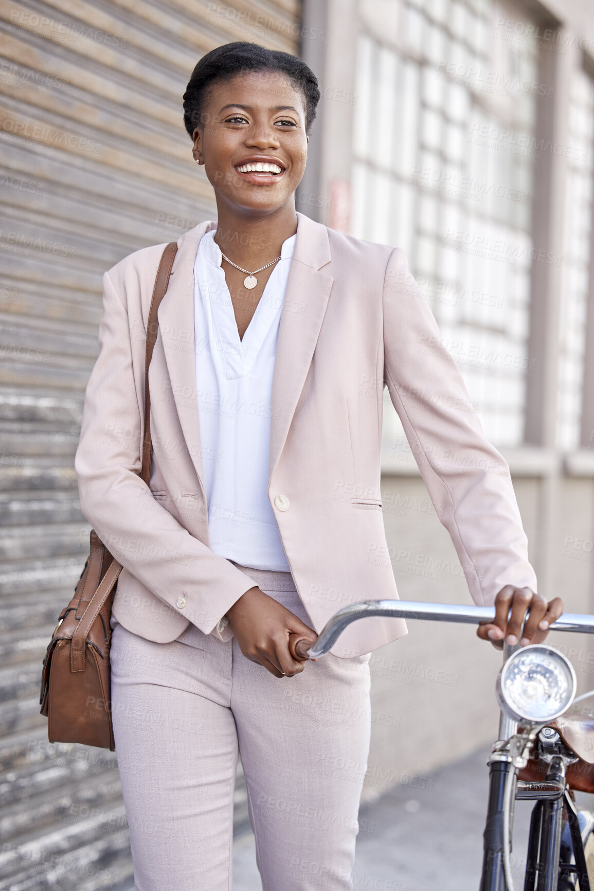 Buy stock photo Business woman in city with bicycle, smile and sustainable morning commute walking on sidewalk. Eco friendly transport bike, cycling and happy African girl with urban transportation on work travel.