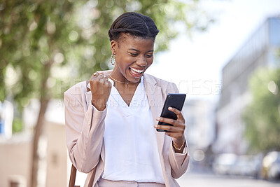 Buy stock photo Business woman, phone and celebrate outdoor on a city road for success, achievement or win. Excited black female entrepreneur with a smartphone on sidewalk for online competition or bank notification