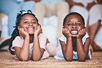 Relax, girls or portrait of happy kids on the floor, carpet or mat bonding or playing in family home together. Funny, children or faces of African children siblings love resting or enjoying holiday